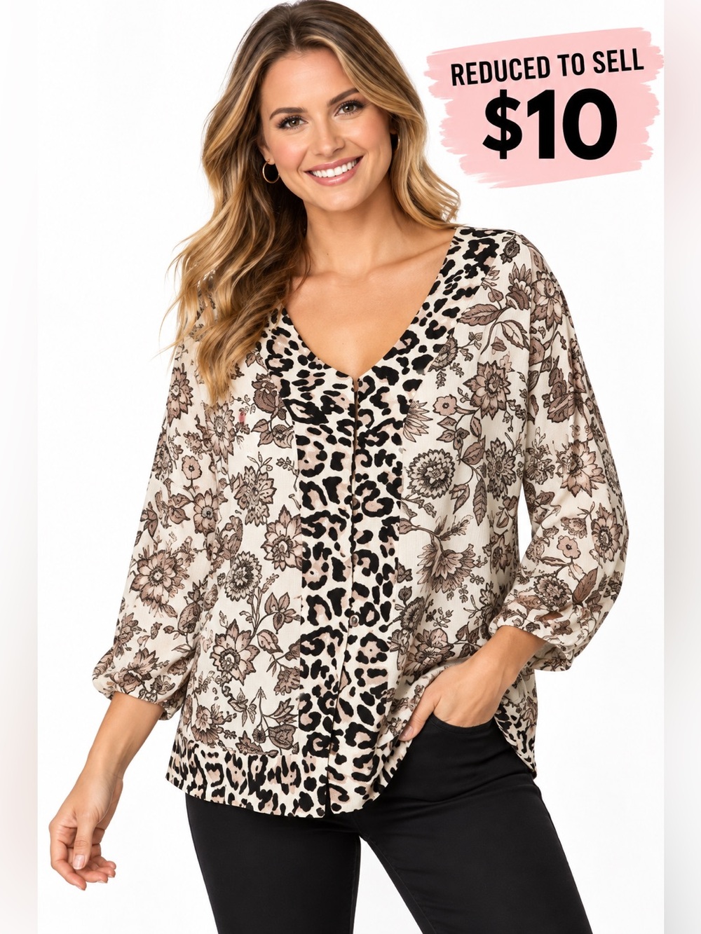 Buckle Daytrip Mixed Print Floral Leopard Crepe Button Front V Neckline Top Med